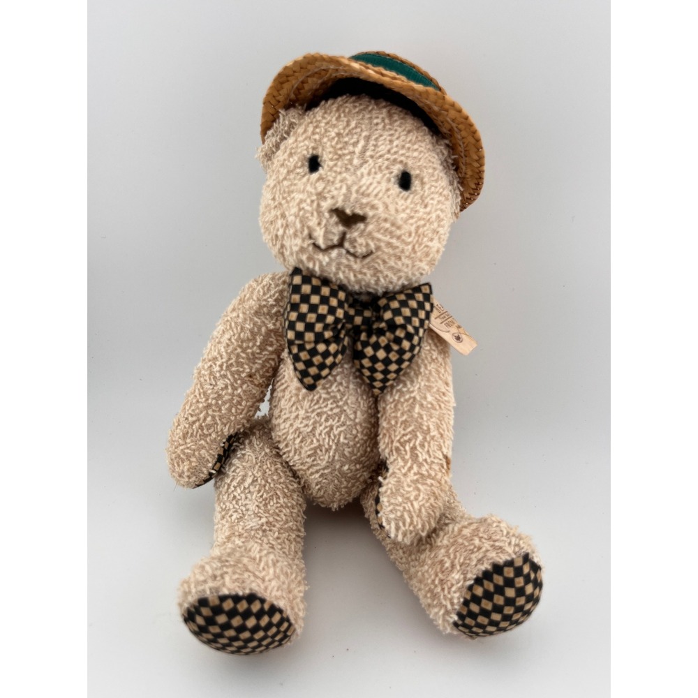 Russ Berrie Brushes Bear Unisex 9in Tan NWT Vintage Jointed Straw Hat Bow Tie